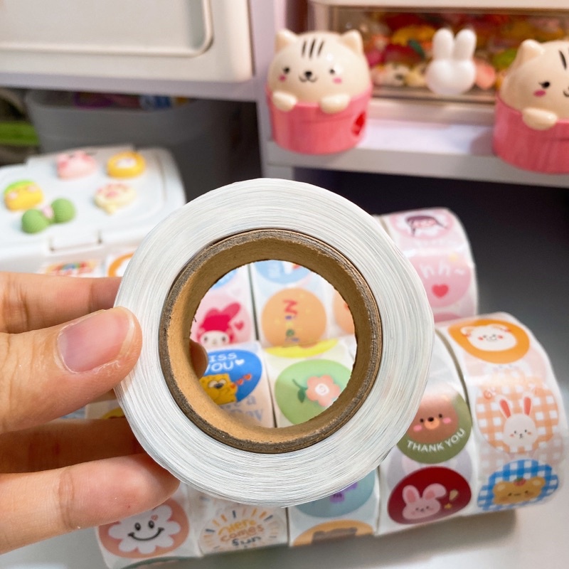 Cuộn 500 miếng dán hoạt hình ngộ nghĩnh, tem dán sticker thank you gói hàng, quà tặng