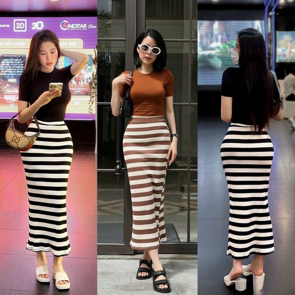 Set chân váy ôm kẻ sọc dáng dài mix áo croptop tay ngắn cổ tròn chất thun gân thanh lịch