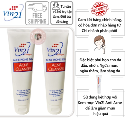 Sữa Rửa Mặt Vin21 Acne Cleanser-Acne Prone Skin Collagen Dưỡng Trắng Da Ngừa Mụn, Chai 100g Hàng Thái La