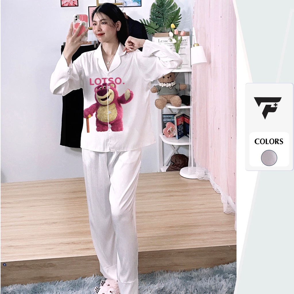 Bộ pijama Tơ Tằm Ánh Kim T13 in hình Gấu cute set đồ mặc nhà tay dài quần dài