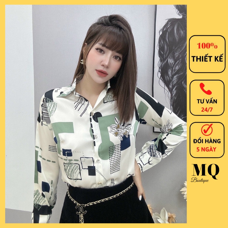 Áo sơ mi dài tay lụa nữ cao cấp công sở họa tiết ô xanh đen hoa thanh lịch, áo sơ mi họa tiết thiết kế MQ Boutique