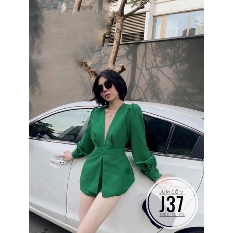 Jumsuit Body Nhấn Eo Cổ V Phối Lưới Kèm Quần Màu Sang Chảnh