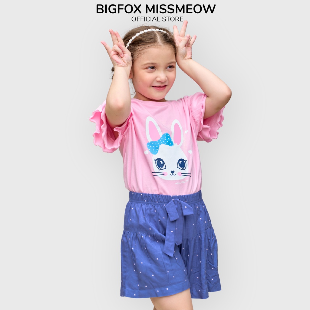 Bộ bé gái Bigfox Miss Meow size đại mặc hè vải cotton xuất Hàn áo cộc phối quần thô in thỏ cho trẻ em 3,6,9,11 tuổi 30kg
