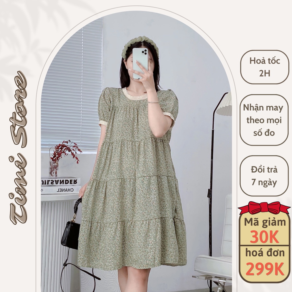 Đầm Bầu Thiết Kế-Váy Suông TiMi VÁY HOA NHÍ XANH TẦNG PHỐI REN BE_033XANH