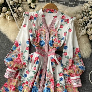 HÀNG NHẬP - ĐẦM XÒE LỤA TAY DÀI IN HOA VĂN