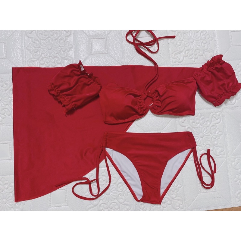 Bikini sét 3 món áo tay nhún quần xịt luồng dây