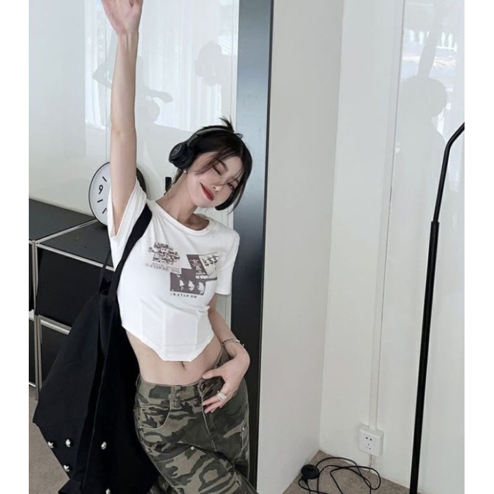 Áo Thun Dáng Ngắn Form Ôm Phong Cách retro Mỹ