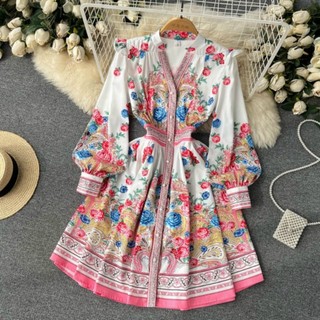 HÀNG NHẬP - ĐẦM XÒE LỤA TAY DÀI IN HOA VĂN