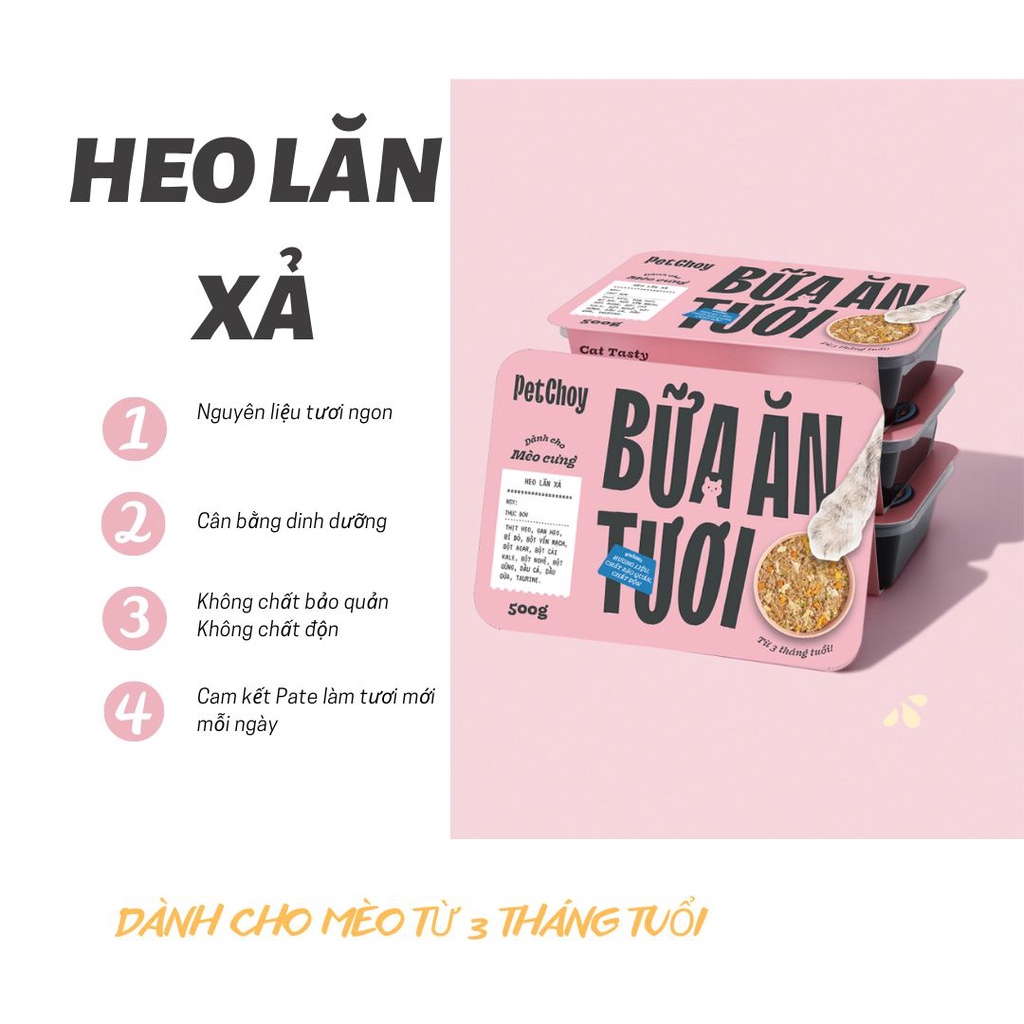 Pate tươi PETCHOY cho mèo từ 3 tháng tuổi vị "HEO LĂN XẢ" 500gram