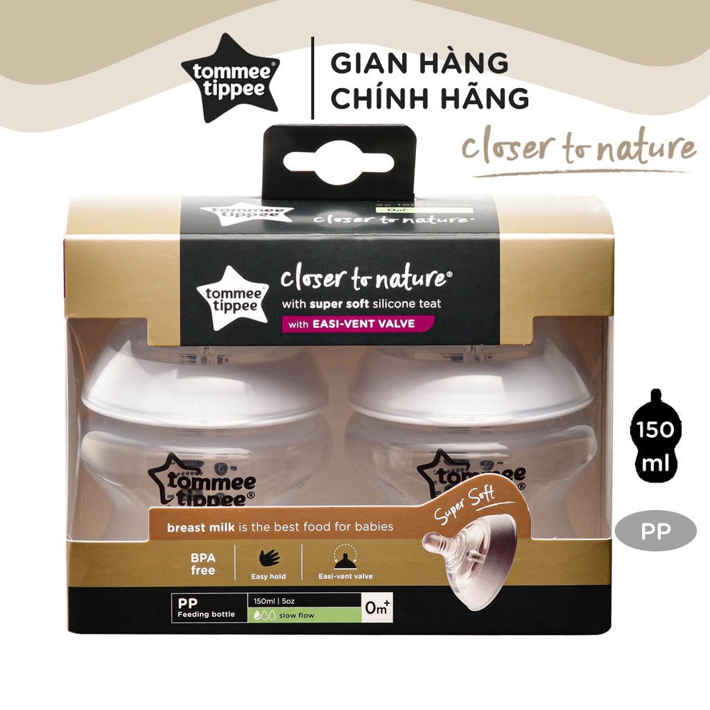 Bình sữa ty siêu mềm tự nhiên Tommee Tippee Closer to Nature 150ml, núm ty đi kèm 0-3 tháng (bình đôi)