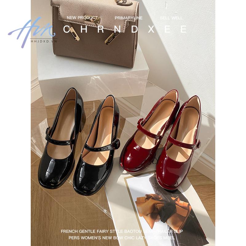 Giày Cao Gót Da Bóng Phong Cách Retro Pháp Cho Nữ