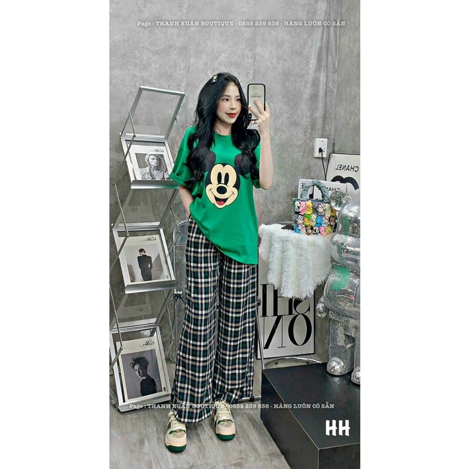 Set áo thụn in chuột mickey tay ngắn form rộng kèm quần dài ống suông họa tiết kẻ sọc , 2 màu đen đỏ