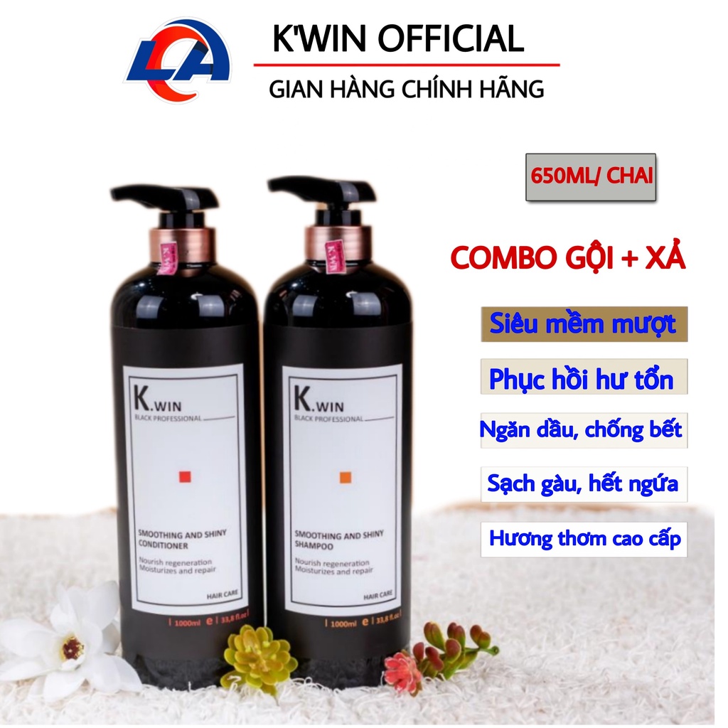 Dầu gội xả phục hồi tóc hư tổn chuyên sâu K.win smoothing and Shiny 650ml combo siêu mềm mượt, siêu thơm