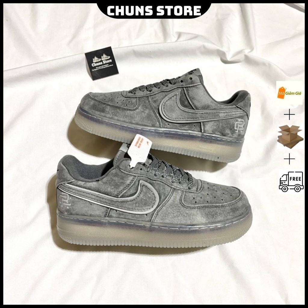 Giày AF1 nỉ đen lông chuột đế air trong, giày Air force 1 đen xám phản quang cao cấp