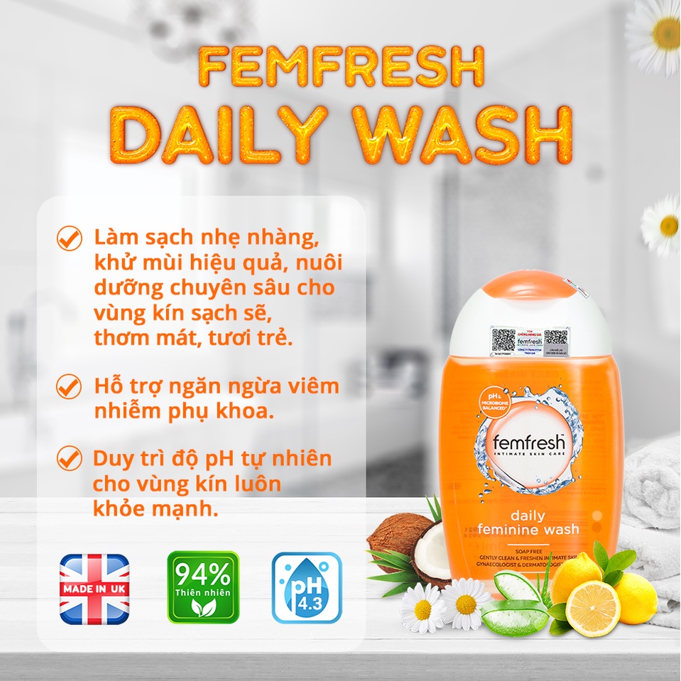 Dung Dịch Vệ Sinh Phụ Nữ Cho Vùng Kín Sạch, Thơm, Tươi Mới Suốt Ngày Dài Femfresh Daily Intimate Wash 150ml