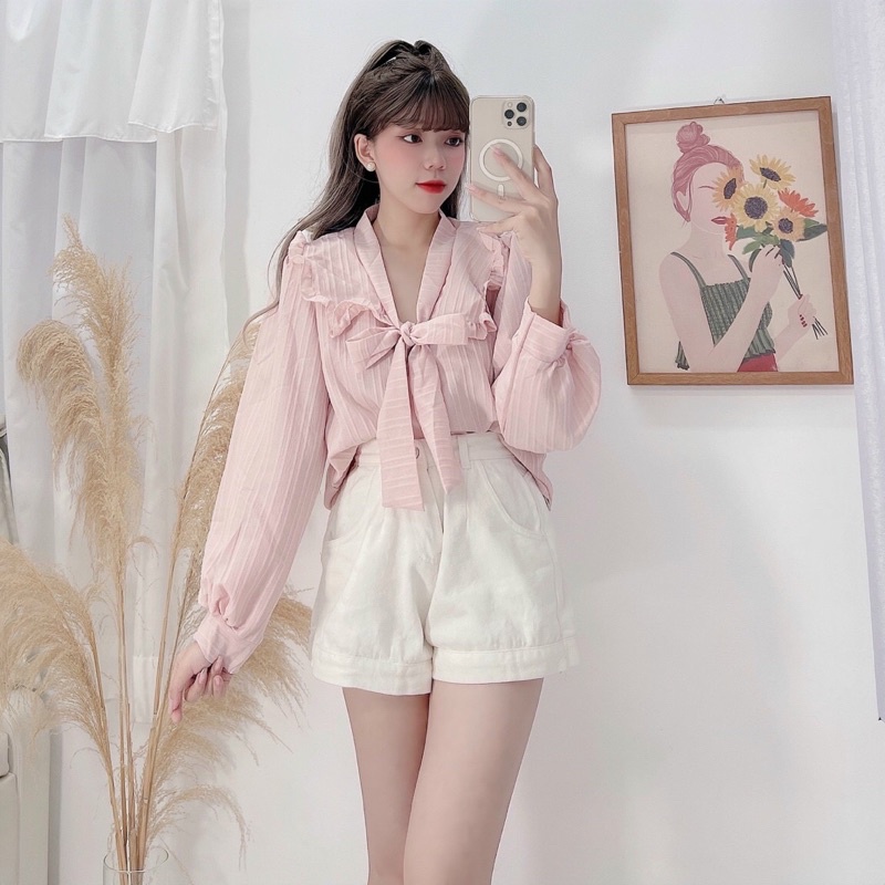 ÁO KIỂU TAY DÀI NƠ BÈO CHẤT ĐỦI DẸP - Áo sơ mi thắt nơ xnh 🎀