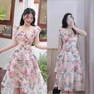 Váy hoa nhí bèo 2 tầng dây nơ cổ