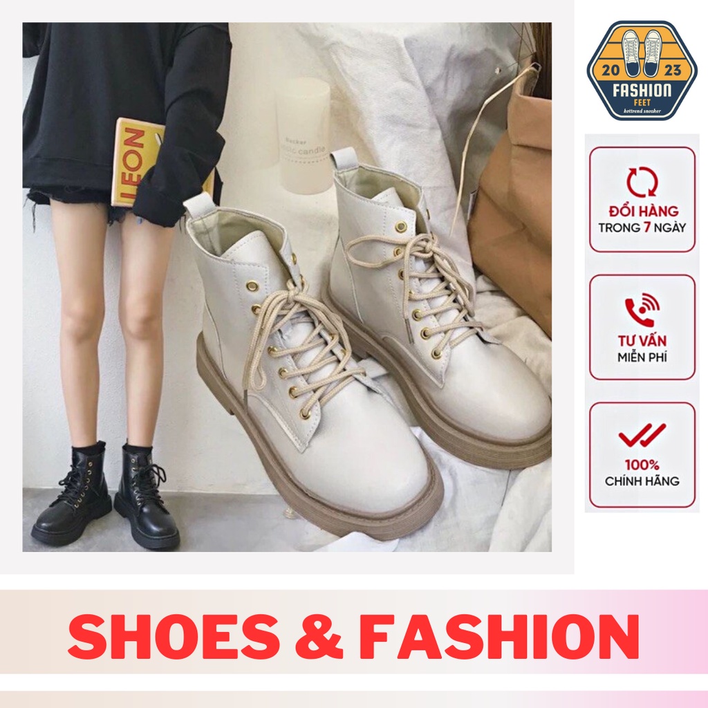 Giày bốt da mềm nữ ulzzang cao cổ 2 màu đen và be gót vuông - Giày boot da mềm cho nữ