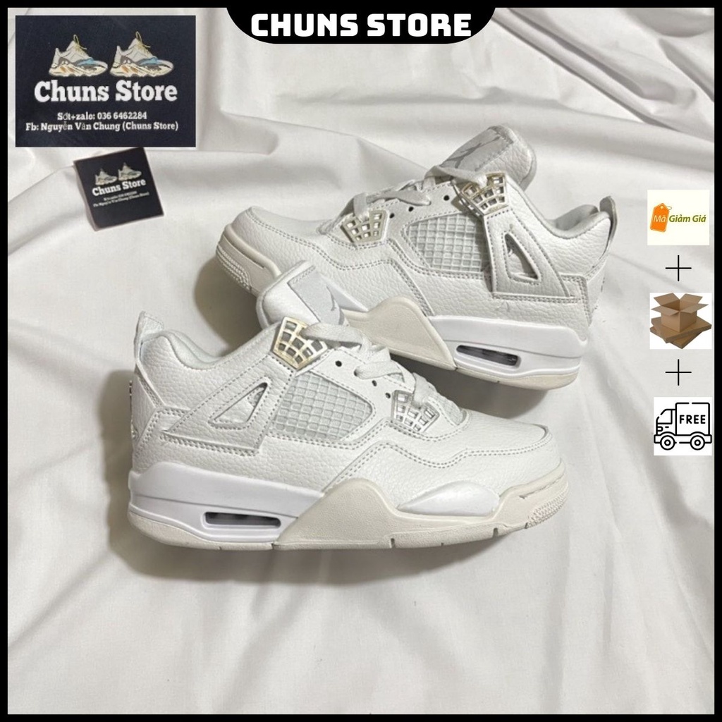 giày Jordan 4 trắng full da nhăn cao cấp, giày JD 4 full white khuy bạc thể thao