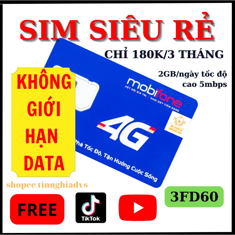 Sim 4G Mobifone FD60 -3FD60 - 6FD60 - 12D60 gói 75GB/tháng - sử dụng DATA 1 năm Phí gia hạn chỉ 60k/tháng