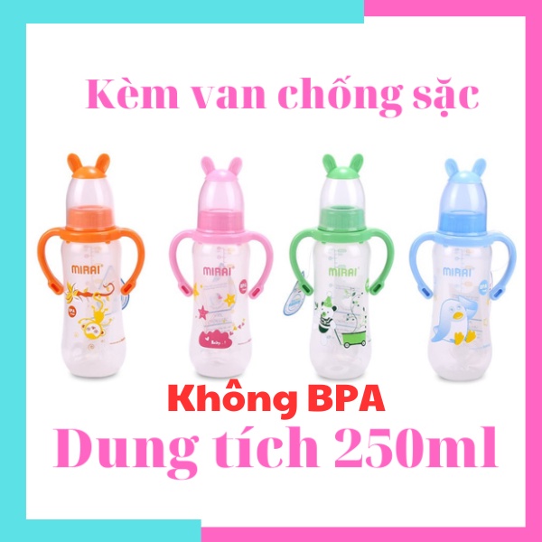 bình sữa Mirai cho bé, bình sữa nhựa Duy Tân cho bé kèm van chống sặc, núm vú siêu mềm, không BPA