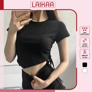 Áo Croptop Nữ Tay Ngắn Vạt Nhọn Phối Dây Rút Hông, Áo Kiểu Croptop Cổ Tròn Tay Ngắn Laikaa A08