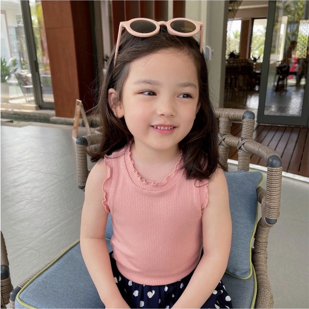 Áo ba lỗ cotton gân tăm viền nhún bèo màu vintage cho bé gái từ 1 tới 8 tuổi