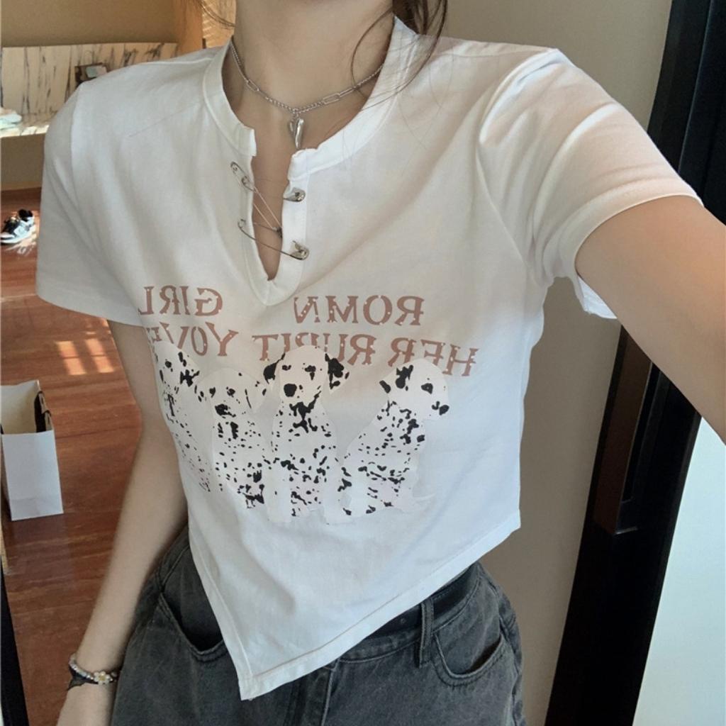 Áo croptop nữ vạt nhọn ngắn tay in hình những chú chó dễ thương GenY, Áo kiểu nữ ôm body -C19-