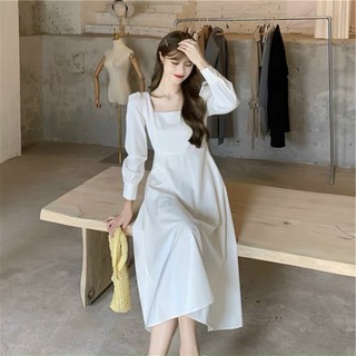 Đầm cổ vuông basic tay dài 2 màu (kèm hình thật)