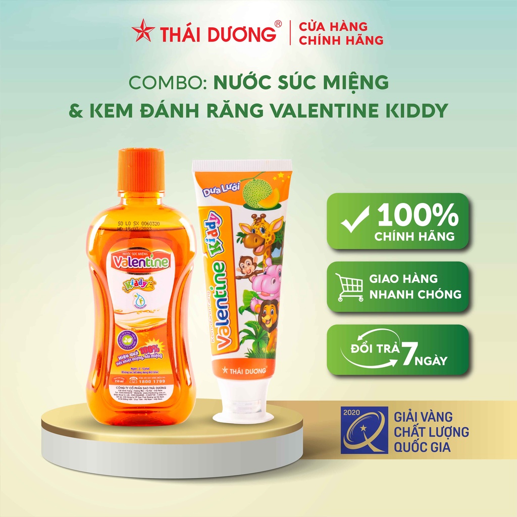 Combo Kem đánh răng trẻ em Valentine Kiddy 100g &amp; Nước súc miệng trẻ em Valentine Kiddy 250ml- Sao Thái Dương