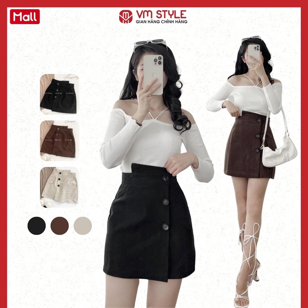 Chân váy chữ A đính cúc vạt lệch VMSTYLE chất nhung mềm cao cấp -6568- CVN00086