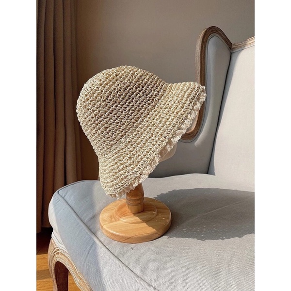 Mũ nón cói vành phối ren đi biển hè cho mẹ và bé MCL06