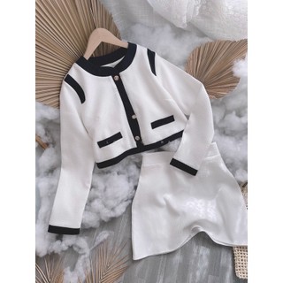 SET ÁO DẠ TRẮNG VIỀN ĐEN + CHÂN VÁY