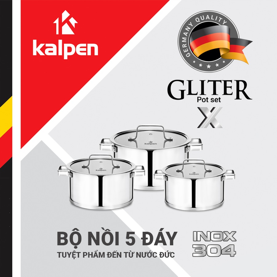 Bộ 3 nồi Inox 304 nắp kính cao cấp 5 đáy Kalpen Gliter KP-3568X