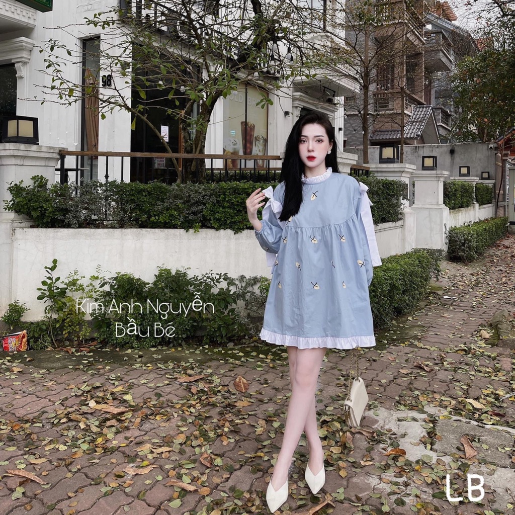 Đầm Babydoll Xanh Vai Nơ Phối Viền, Váy Babydoll Kẻ Nơ Xanh Tiểu Thư, Váy Babydoll dáng ngắn