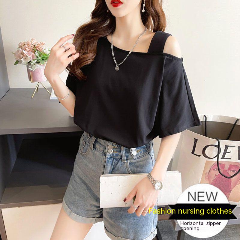 Trang Phục Cho Con Bú Tay Ngắn Lỏng Lẻo Giản Dị Hở Vai Sexy MỏngTÁo Sơ Mi Thời Trang Đi Chơi Áo Cho Con Bú