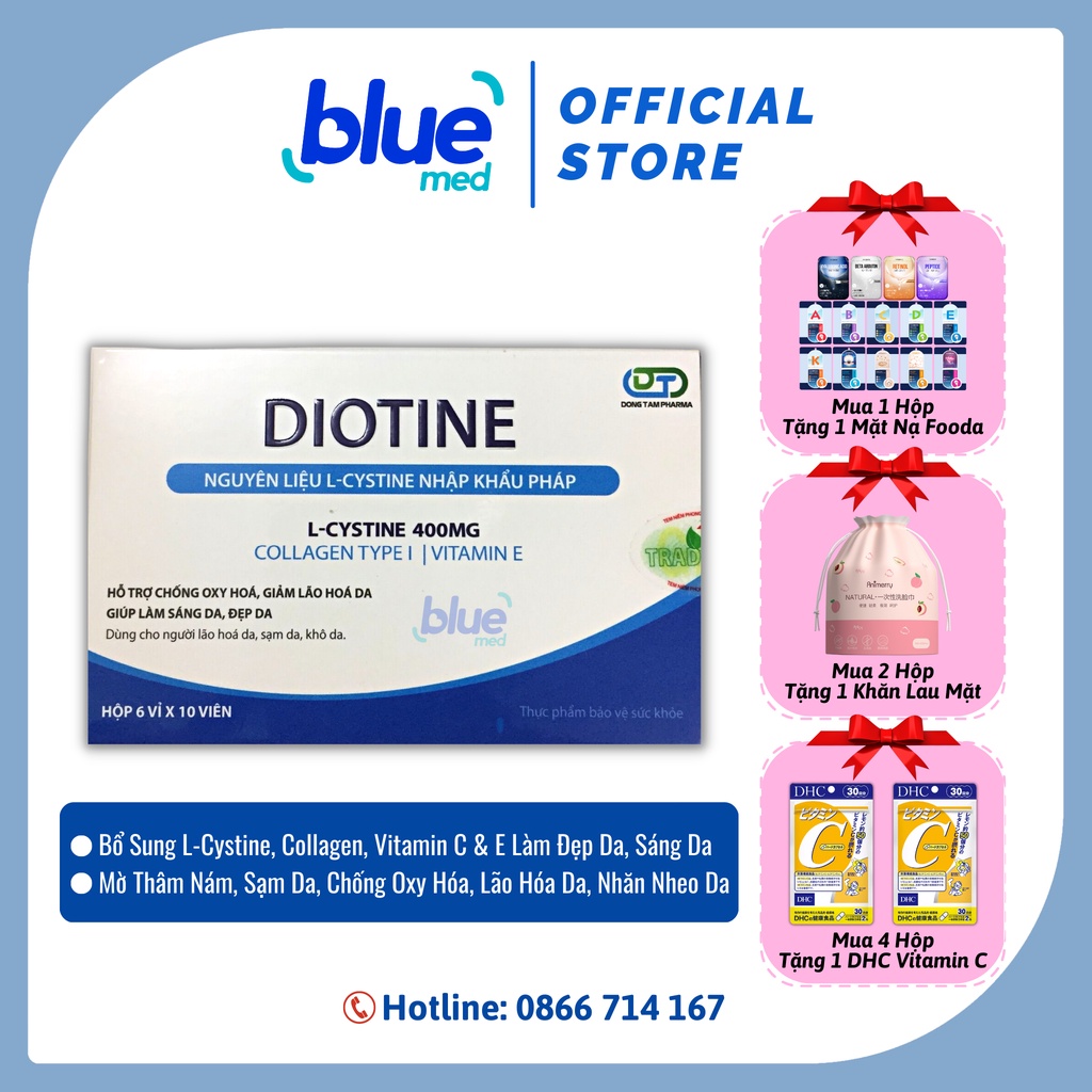 Viên Uống Đẹp Da Diotine - L-Cystine, Chống Lão Hóa, Trắng Da, Collagen, Bitotin, Vitamin B, Kẽm (60 Viên) [Chính Hãng]