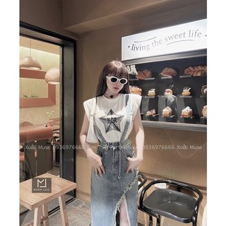 Váy Yếm Jean Rách Kèm Belt