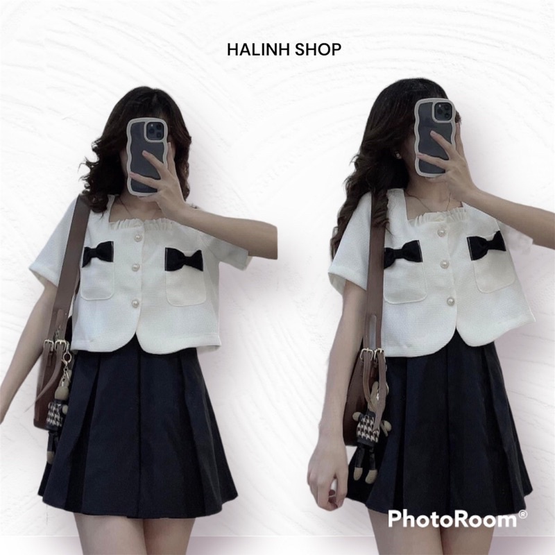 Sét Đồ Áo Nữ Gấm Xốp Nơ Ngực Kèm Chân Váy Tennis Size S M-Halinh Shop