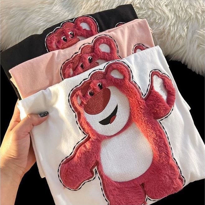 Áo Thun Cotton Tay Ngắn Dáng Rộng Thêu Hình Gấu Và Dâu Tây Dễ Thương Thời Trang Mùa Hè Cho Nữ