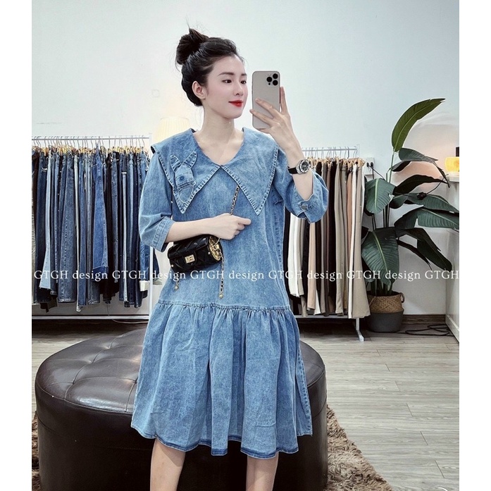 Váy Jean Cổ Nhọn Đuôi Cá Tay Lửng Siêu Xinh Mã QM28