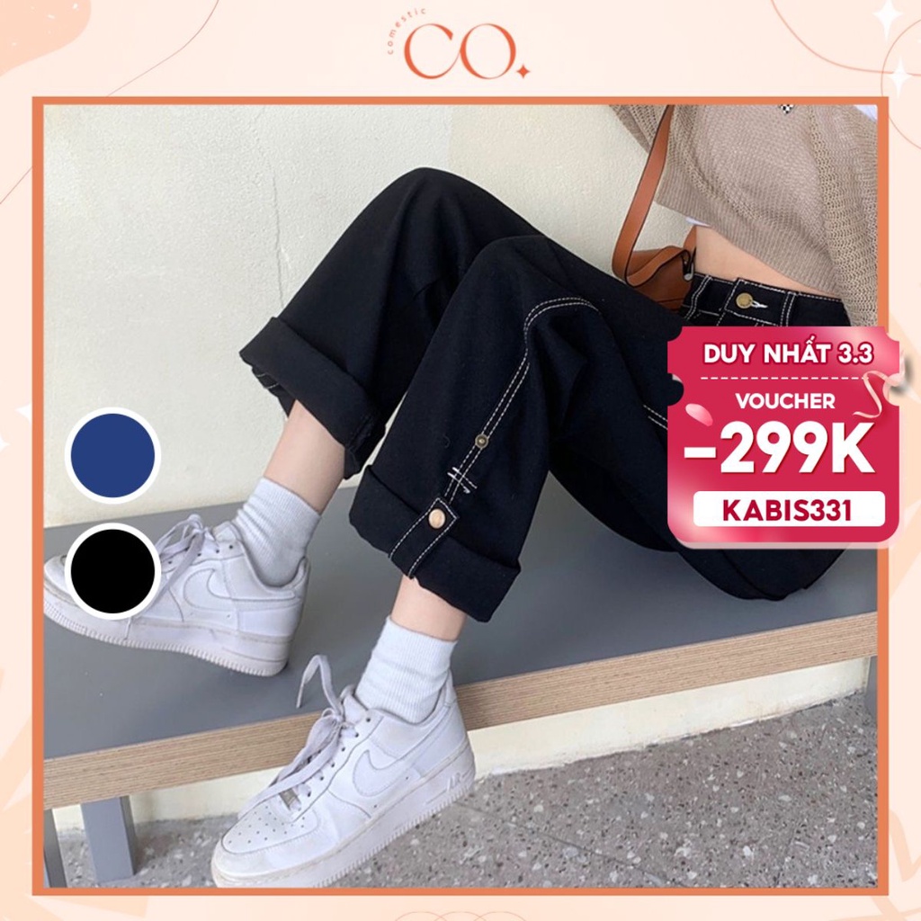 Quần jeans dài cạp cao phối chỉ nổi, quần jeans dài nữa dáng rộng_j25