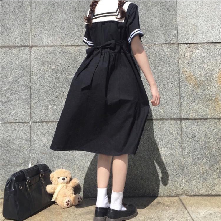 Happy-store ❤️ Chân váy chữ A dài vừa phải, cổ áo màu xanh hải quân, dài tay, ngọt ngào, phù hợp với tất cả các trường đ