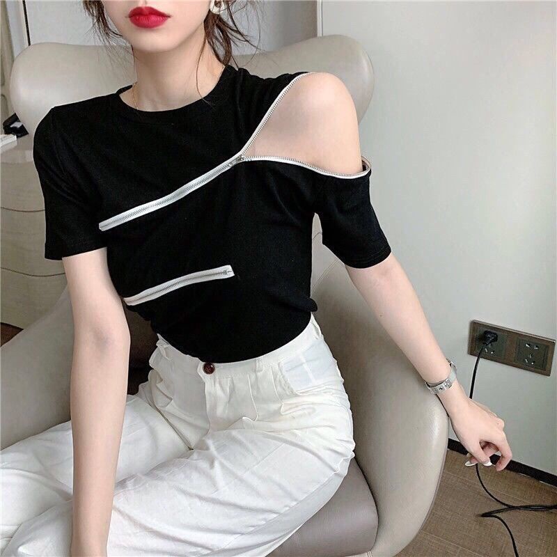 Áo Kiểu Trễ Vai Tay Ngắn Phối Khoá Kéo Thời Trang Mùa Hè Cho Phái Nữ