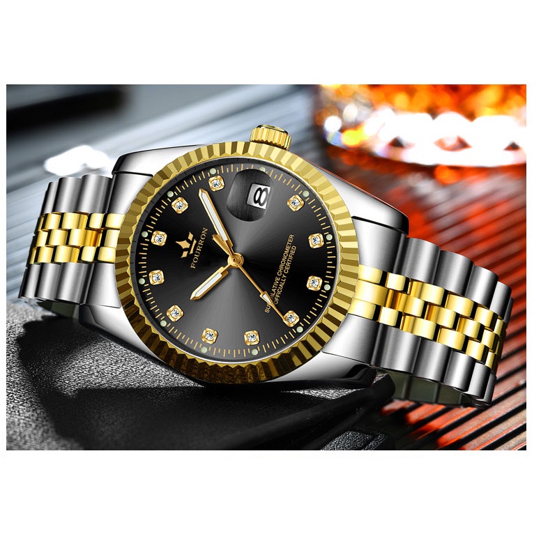 Đồng Hồ Nam FOURRON F723ff  Mặt số Đính Đá thiết kế sang trọng chống nước 3ATM Doanh Nhân Dây Thép KhôngGỉ