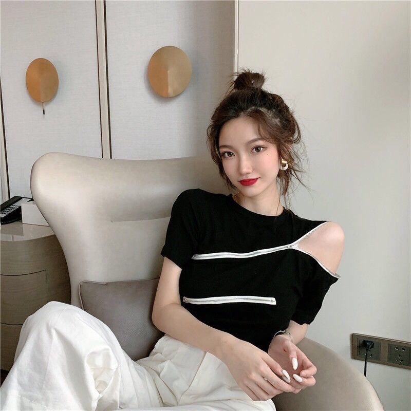 Áo Kiểu Trễ Vai Tay Ngắn Phối Khoá Kéo Thời Trang Mùa Hè Cho Phái Nữ