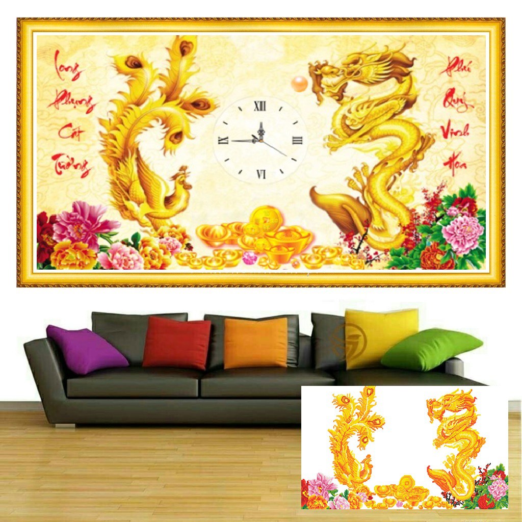 Tranh Đính Đá ĐỒNG HỒ Long Phụng Cát Tường - Kích Thước;1mx60cm