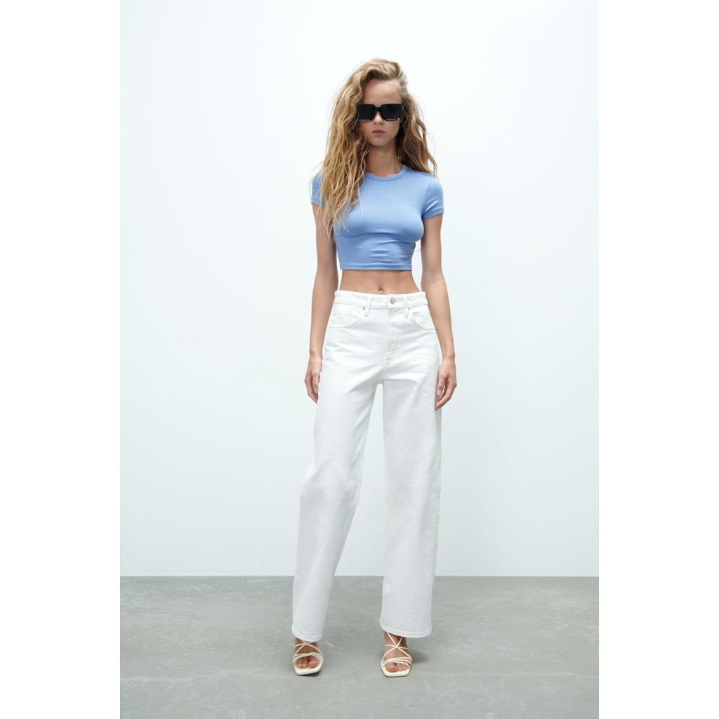 ZARA Đức - Áo croptop body thun cotton ngắn tay cổ tròn xanh dương sale auth new tag cao cấp chính hãng có sẵn 5584/375