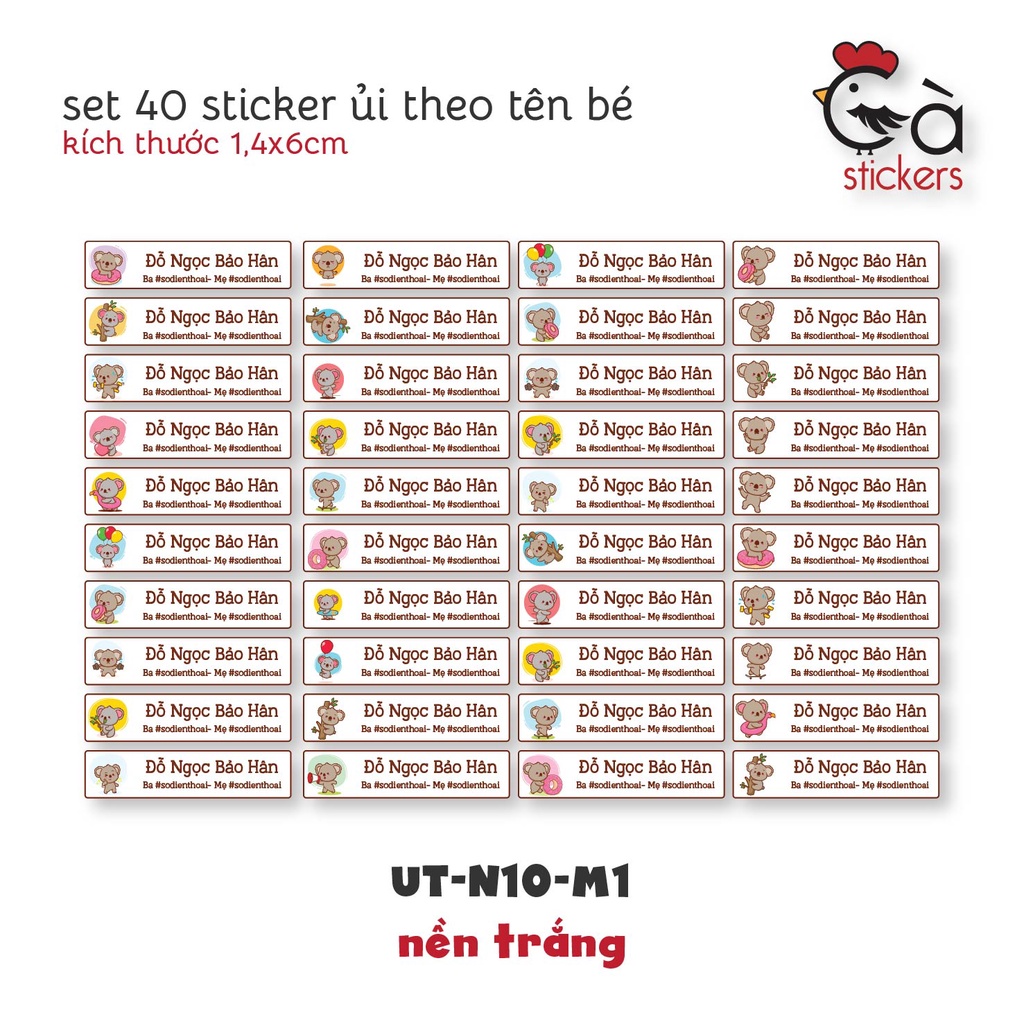 Sticker ủi áo in tên trẻ em GaStickers UT-N10- bộ 40 miếng kích thước 1,4 x 6 cm