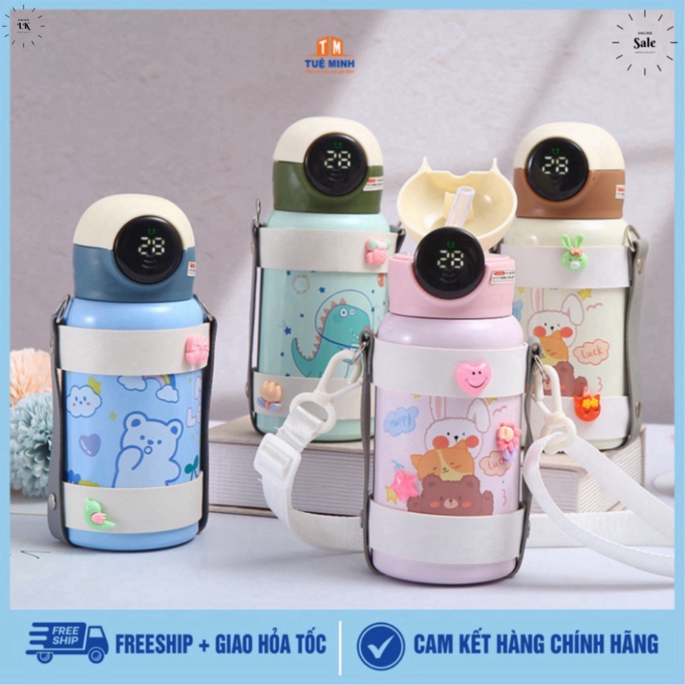 Bình nước trẻ em 400ml inox 304 hiển thị nhiệt độ có dây quai đeo kèm stiker dễ thương,Bình nước cho bé pha sữa giữ ấm .